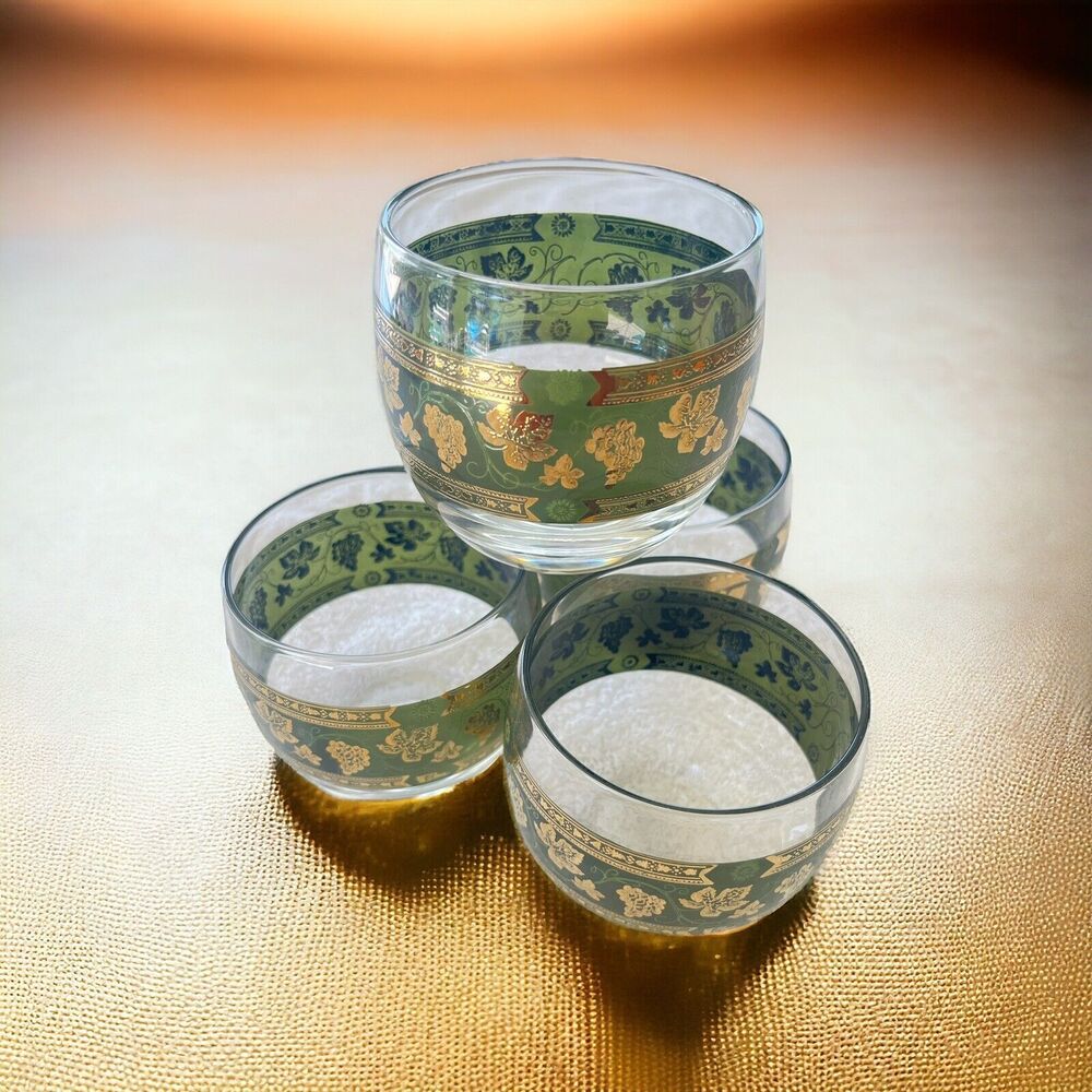 Cera Green Roly Poly Glass Golden Grapes Barware Glassware Set of 4 Mid Century